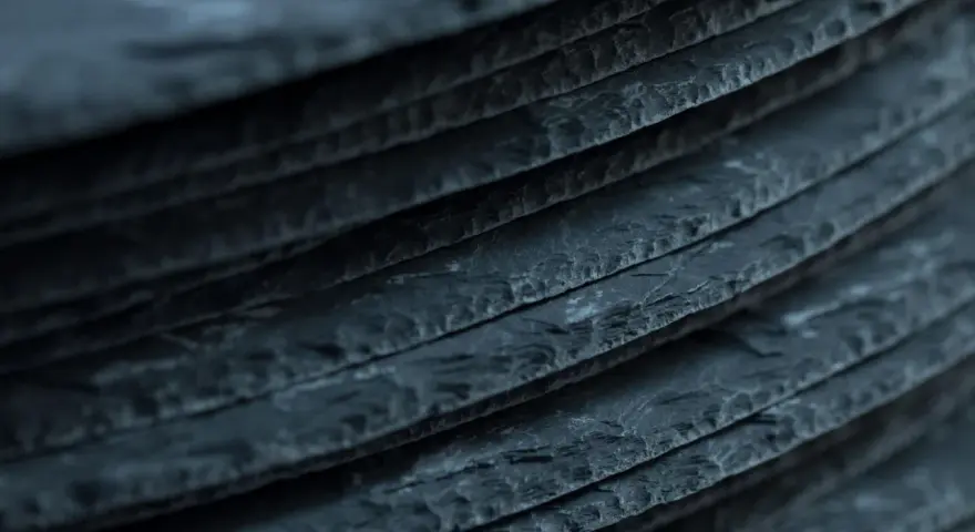 Stapel von dunklen Schieferplatten, die eine interessante Textur aufweisen. Es ist ein weit verbreiteter Irrtum, dass Schiefer giftig ist.