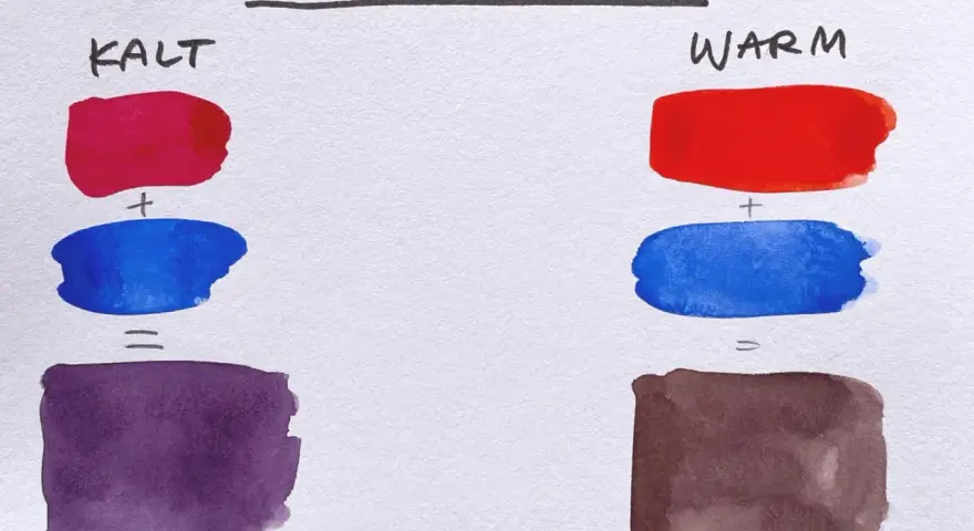 Kaltes Lila mischen: Rot + Blau ergibt ein kräftiges Lila. Warmes Lila mischen: Rot + Blau ergibt ein Braun.