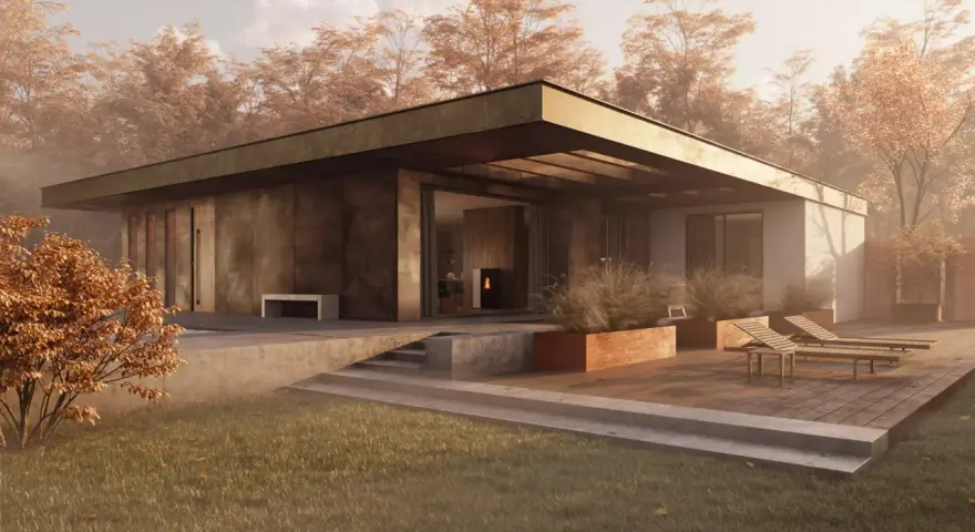 Modernes Haus im Stil von van der Rohe, umgeben von Herbstlaub. Beton, Glas und Holz schaffen eine harmonische Verbindung zur Natur.