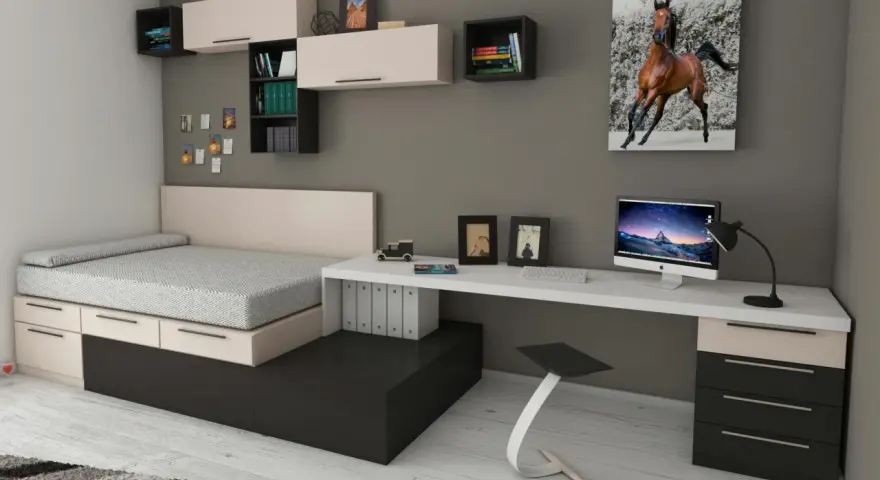 Modernes studentenzimmer einrichten: Bett mit Stauraum, Schreibtisch mit Computer und ein Bild eines galoppierenden Pferdes.