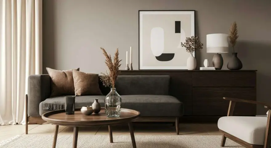 Gemütliches Wohnzimmer, in dem sich braun und grau kombinieren. Ein dunkles Sofa mit Kissen, ein runder Holztisch und ein Teppich schaffen eine warme Atmosphäre.