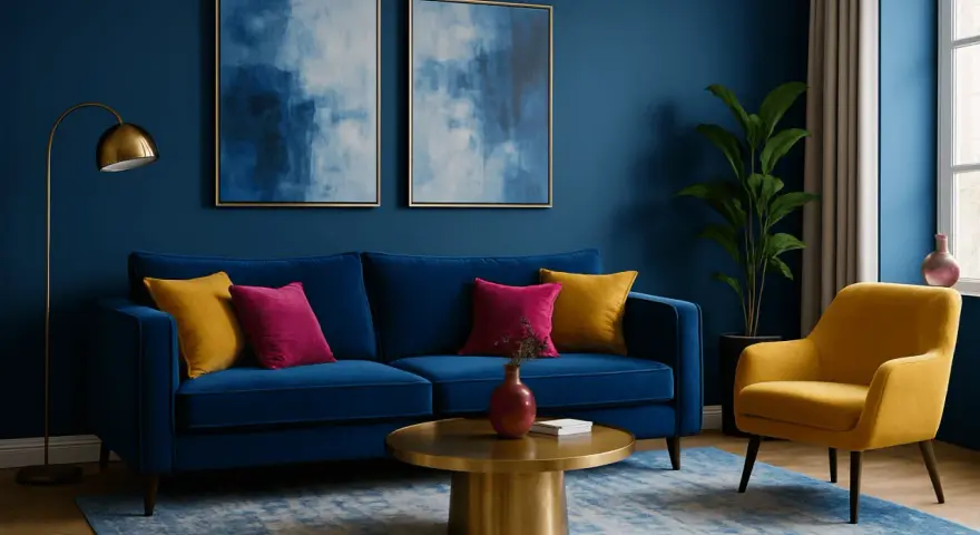 Ein Wohnzimmer mit dunkelblauen Wänden. Ein blauer Samtsofa mit gelben und pinken Kissen. Ein gelber Sessel. Welche Farbe passt zu dunkelblau? Gelb und Pink!