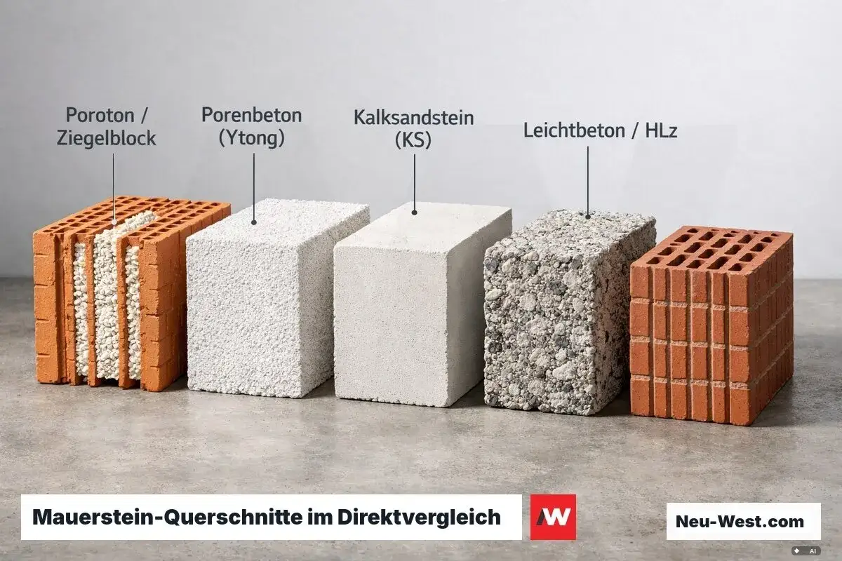 Vergleich verschiedener Mauerwerk Steine Arten: Poroton, Porenbeton, Kalksandstein und Leichtbeton.
