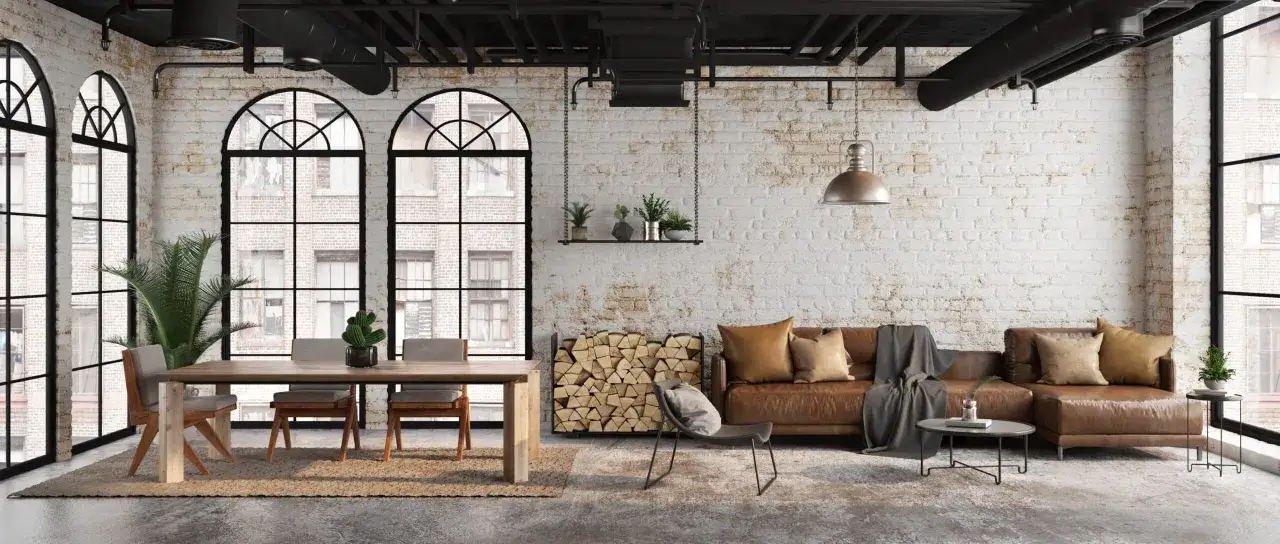 Geräumiges Wohnzimmer im industrial style mit Ziegelwand, großen Fenstern, Ledersofa und Holztisch.