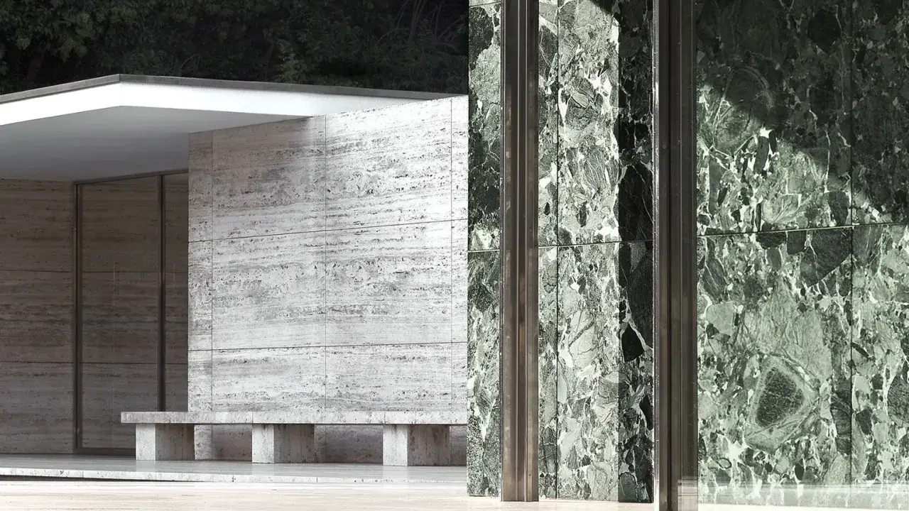 Marmorw&auml;nde und Travertin-Elemente des Barcelona-Pavillons von van der Rohe.
