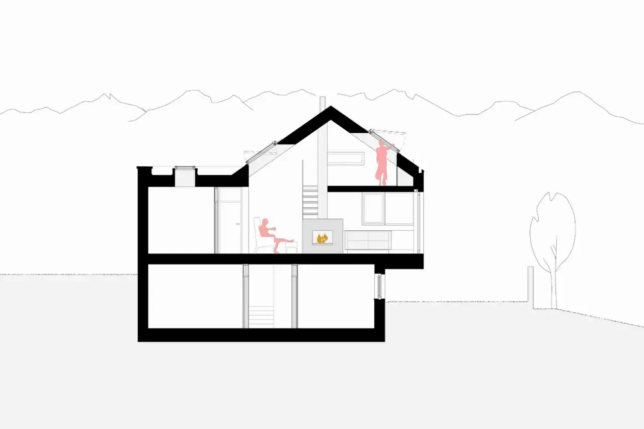 Schnitt architektur: Ein Haus im Querschnitt mit zwei Ebenen, Kamin und zwei Personen.