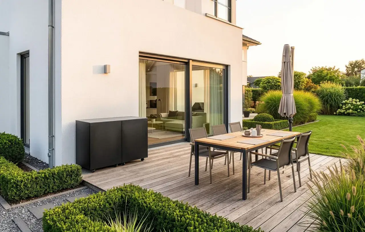Ein moderner Garten mit gepflegten Beeten und einer Terrasse. Ein schwarzer Schrank sorgt f&uuml;r Ordnung im Garten, w&auml;hrend ein Esstisch zum Verweilen einl&auml;dt.