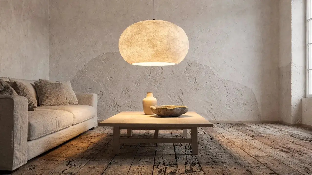 Gem&uuml;tliches Wohnzimmer mit beigem Sofa, Holztisch und runder Lampe. Perfekt, um stilvoll einzurichten und eine warme Atmosph&auml;re zu schaffen.