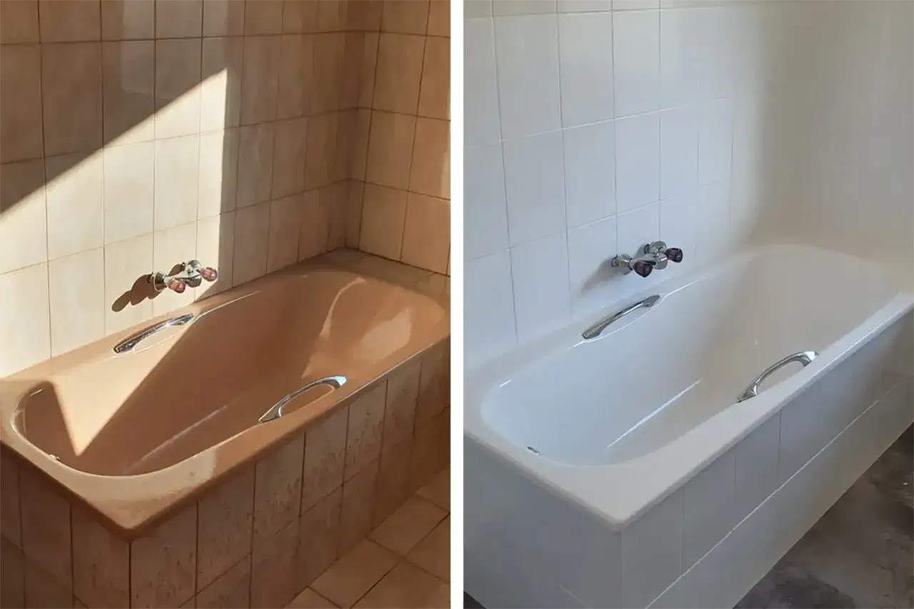 Vorher/Nachher: Braune Badewanne und Fliesen verwandelt in ein strahlend wei&szlig;es Bad. Ein Beispiel f&uuml;r erfolgreiches Fliesen streichen.