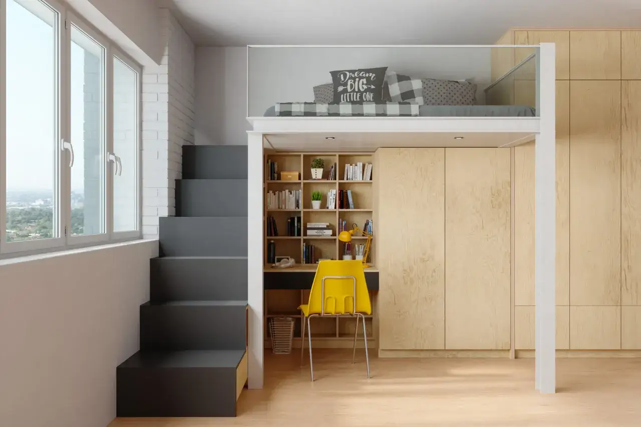 Moderne Schlafempore mit integriertem Schreibtisch und B&uuml;cherregal &ndash; tolle Renovierungsideen f&uuml;r kleine R&auml;ume.