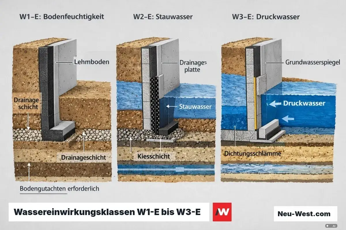 Drei Szenarien zeigen, wie Beton mit Feuchtigkeit, Stauwasser und Druckwasser umgeht. Ist Beton wasserdicht? Die Illustrationen geben Aufschluss.