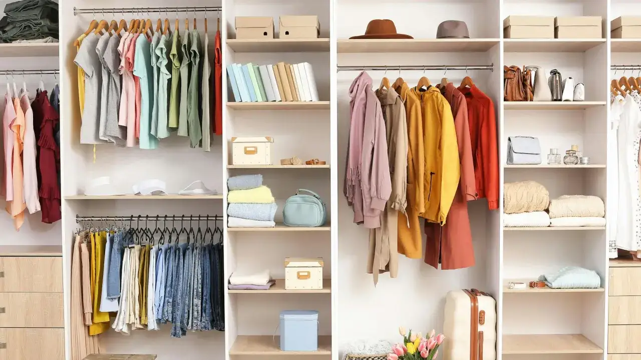 Kleiderschrank mit ordentlich sortierter Kleidung, Schuhen, Taschen und Accessoires. Alles ist &uuml;bersichtlich und griffbereit.