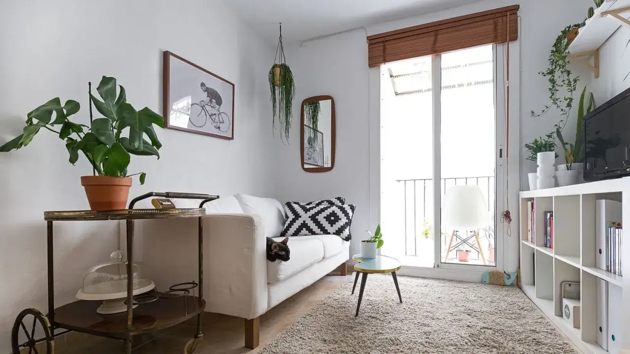 Gemütliches Wohnzimmer mit weißem Sofa, Pflanzen und einem Bücherregal. Tolle raumaufteilung ideen für kleine Wohnungen.