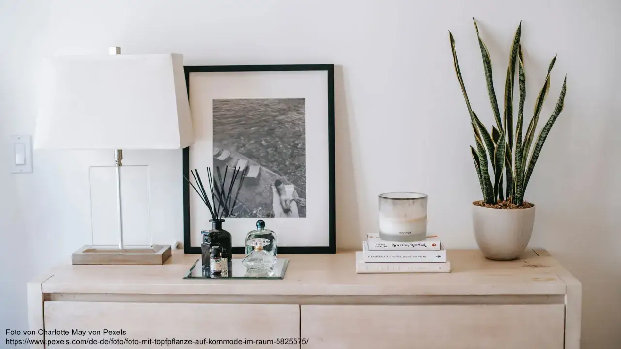 Stilvolles Sideboard dekorieren mit Lampe, gerahmtem Bild, Duftst&auml;bchen, Kerze und einer gr&uuml;nen Pflanze.