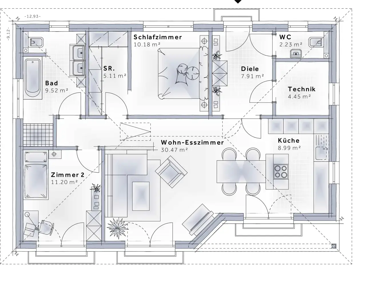 Grundriss eines Bungalows mit Wohn-Esszimmer, K&uuml;che, Schlafzimmer, Bad, Technikraum und zwei weiteren Zimmern.