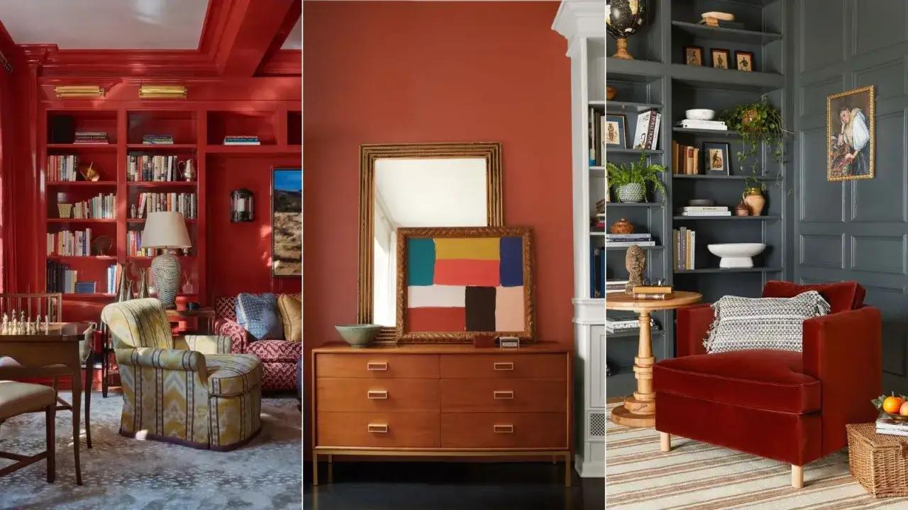 Rote R&auml;ume mit Akzenten in Gelb, Blau und Grau. Welche Farben passen zu Rot? Hier sind Beispiele f&uuml;r harmonische Kombinationen.