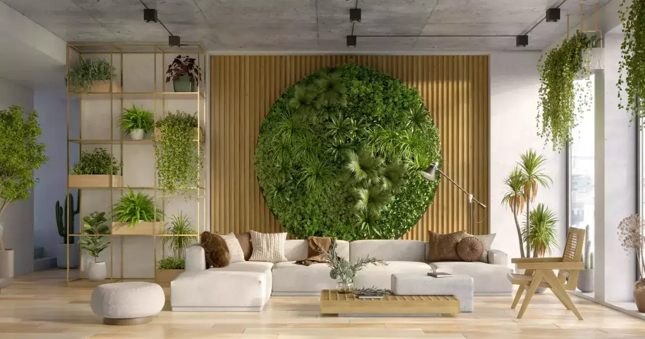 Ein Wohnzimmer mit biophilem Design: Eine runde gr&uuml;ne Wand, Regale voller Pflanzen und h&auml;ngende Gr&uuml;npflanzen schaffen eine nat&uuml;rliche Oase.