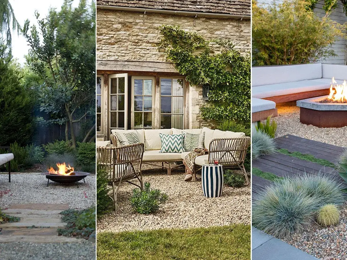 Gem&uuml;tliche kies garten sitzecke mit Feuerstelle und Lounge-M&ouml;beln.