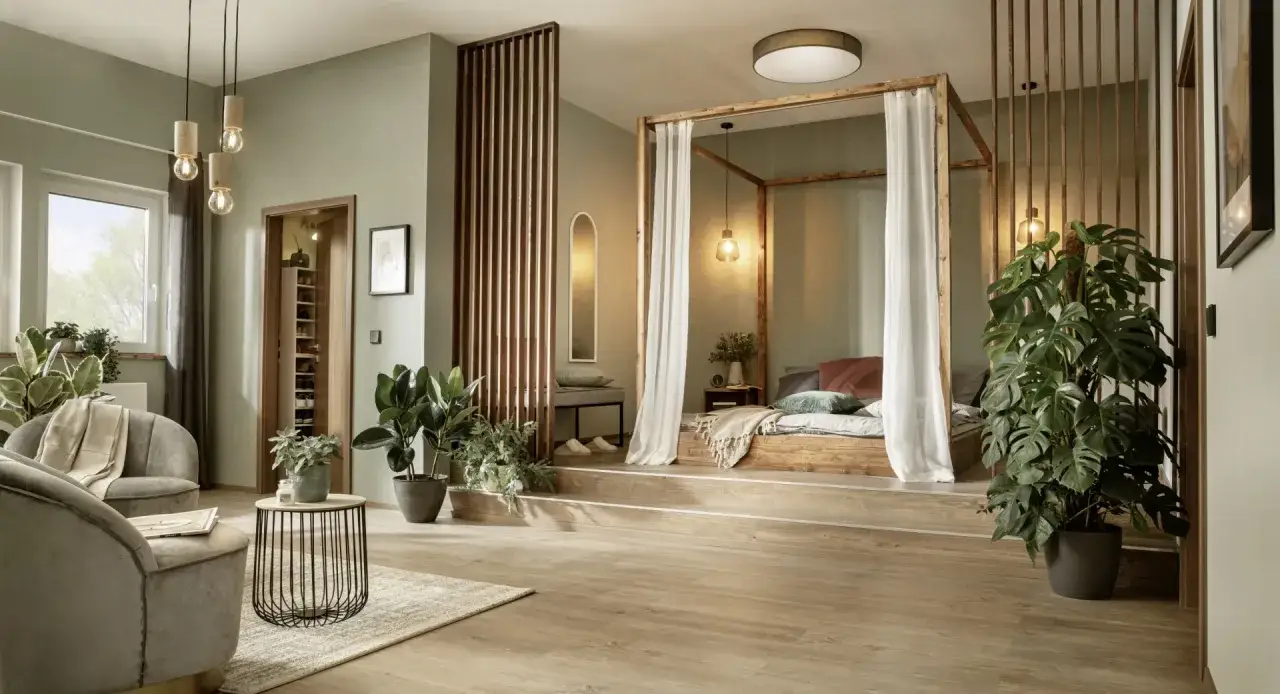 Ein Schlafzimmer in warmen Erdt&ouml;nen. Welche Farbe passt zu Beige und Braun? Gr&uuml;nt&ouml;ne, wie die Pflanzen und W&auml;nde, harmonieren perfekt.