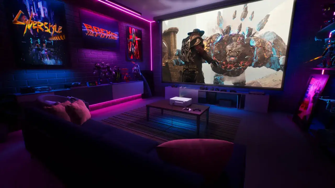 Gemütliche kleine Gaming-Zimmer-Ideen mit großer Leinwand, bequemer Couch und Neonlicht.