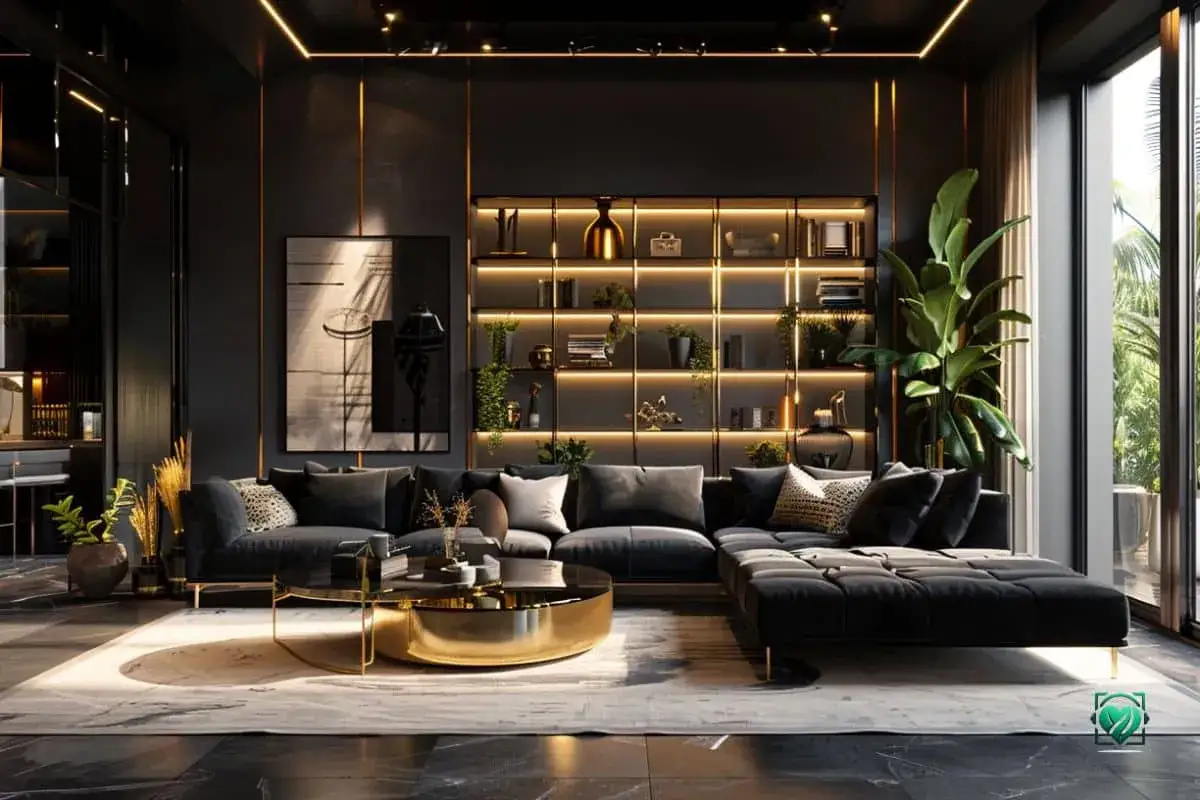 Luxuriöses Wohnzimmer mit schwarzem Sofa, goldenen Akzenten und beleuchteten Regalen. Die Idee, die Wand schwarz zu streichen, passt perfekt zum modernen Design.