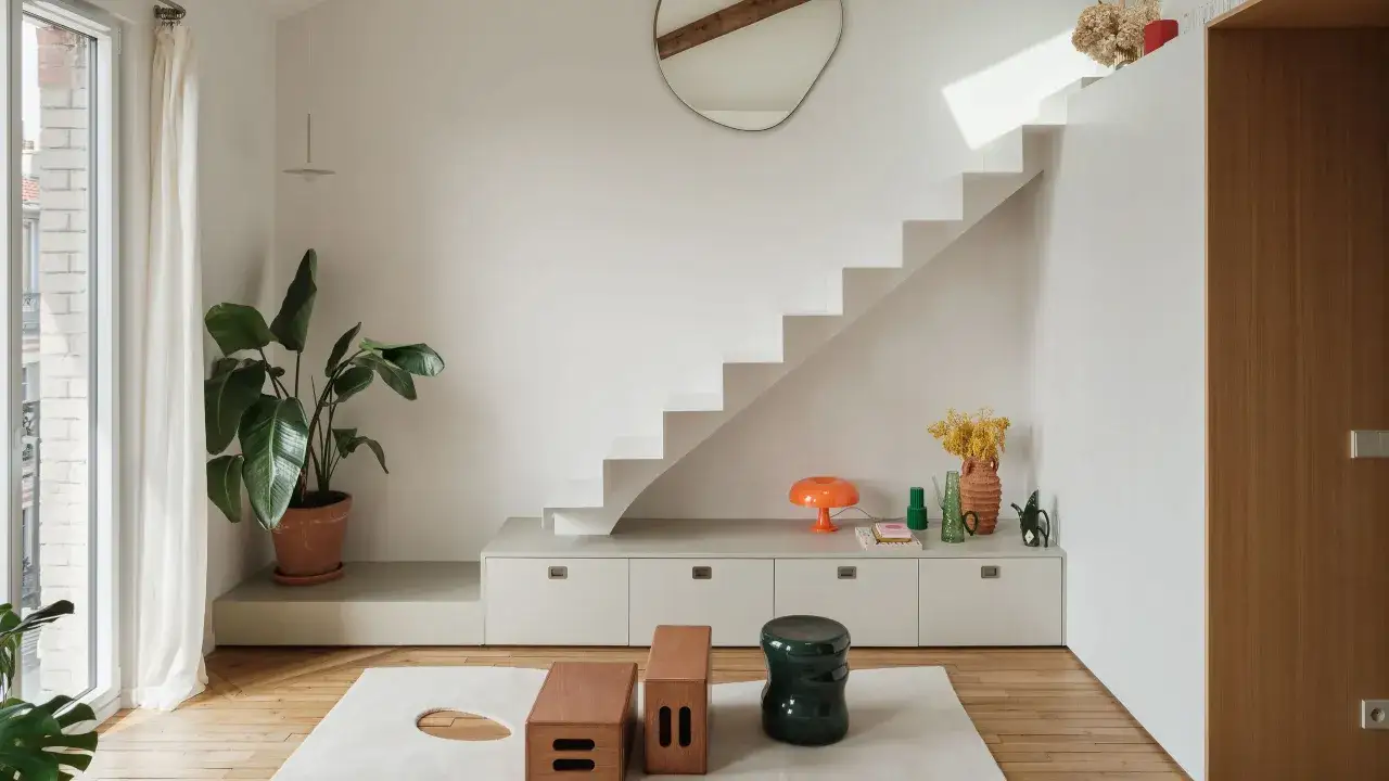 Clever einzimmerwohnung einrichten mit integrierten Stufen-Schr&auml;nken, Pflanzen und bunten Deko-Objekten.