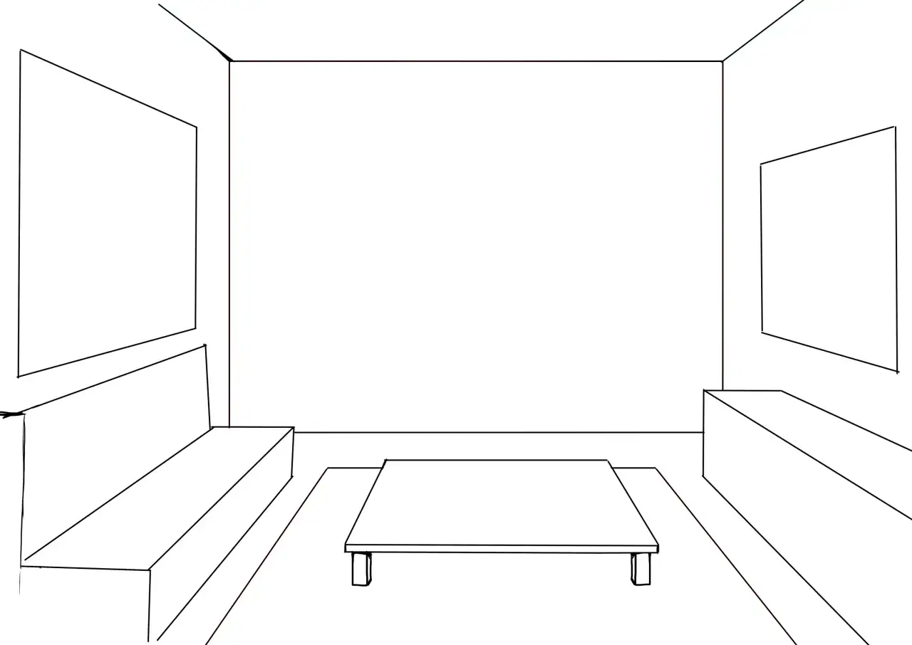 Eine einfache Skizze eines Wohnzimmers mit Sofa, Couchtisch und Wandregalen. Man kann fast sehen, wie man diesen Raum zeichnen kann.