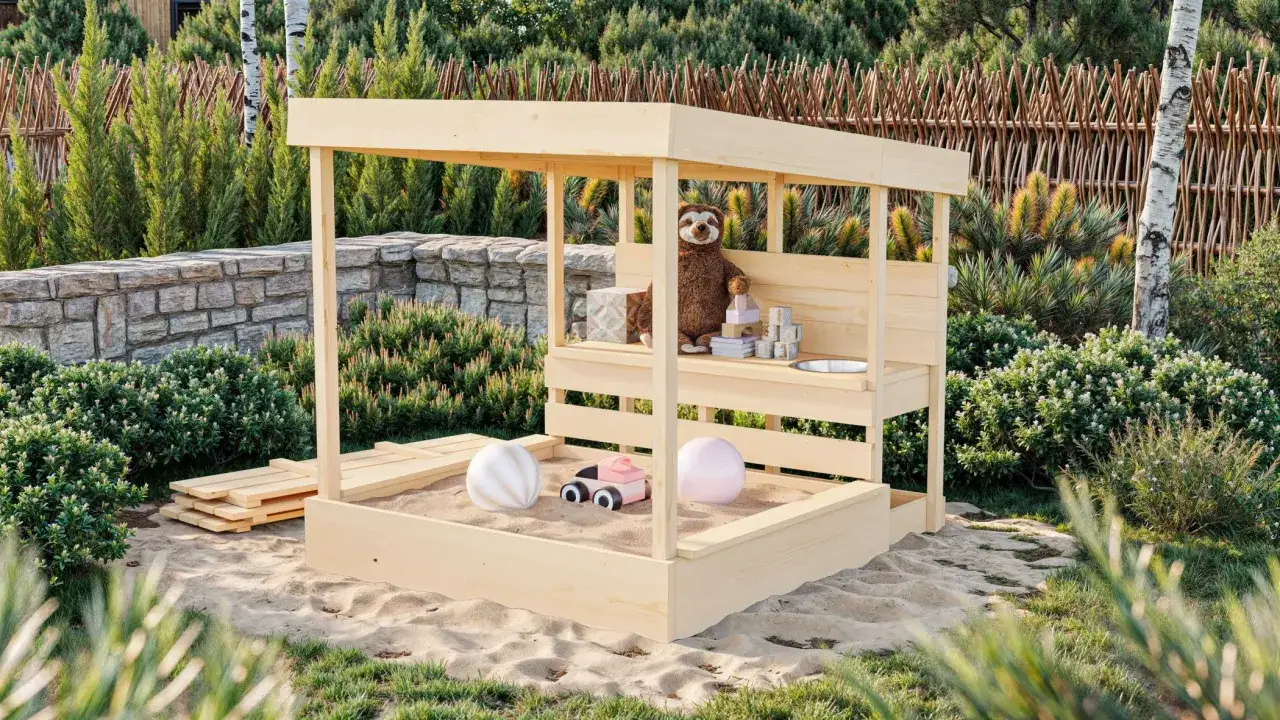 Holz-Sandkasten mit Dach und Spielzeug, tolle Spielecke Garten Ideen Kinder f&uuml;r drau&szlig;en.