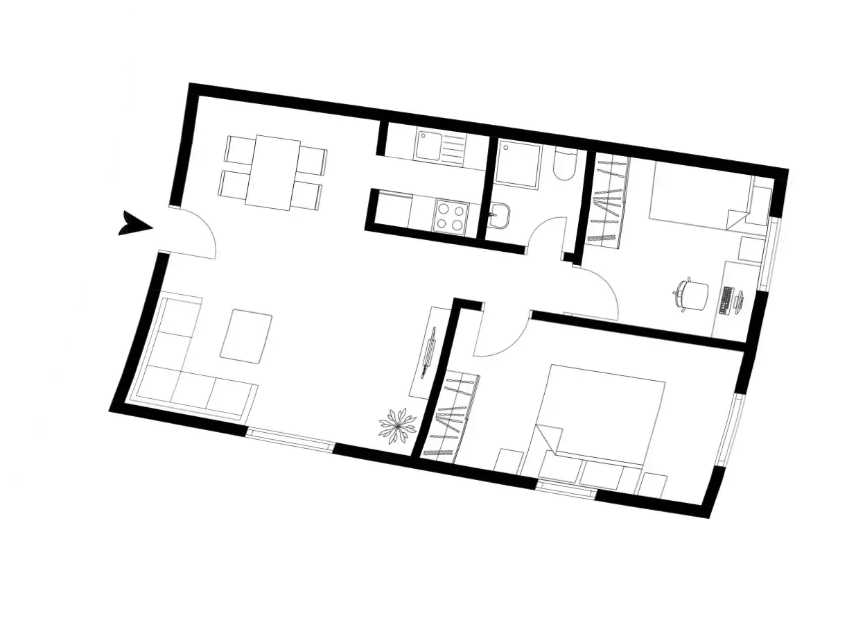 Grundriss einer Wohnung: Wohnzimmer, K&uuml;che, Bad, zwei Schlafzimmer. Ideal, um eine Wohnungsskizze erstellen zu lassen.