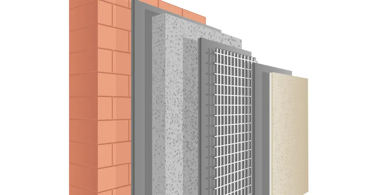 Schichtenaufbau einer ged&auml;mmten Fassade: Ziegelwand, D&auml;mmung, Armierungsgewebe und Putz. Die WDVS Bedeutung liegt in der Energieeffizienz.