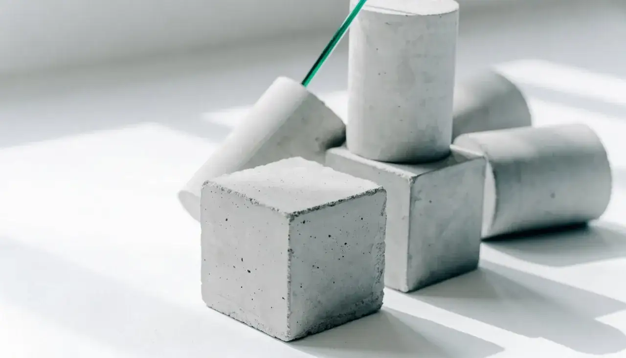 Betonw&uuml;rfel und -zylinder, die die druckfestigkeit von Beton demonstrieren, liegen im Schatten.