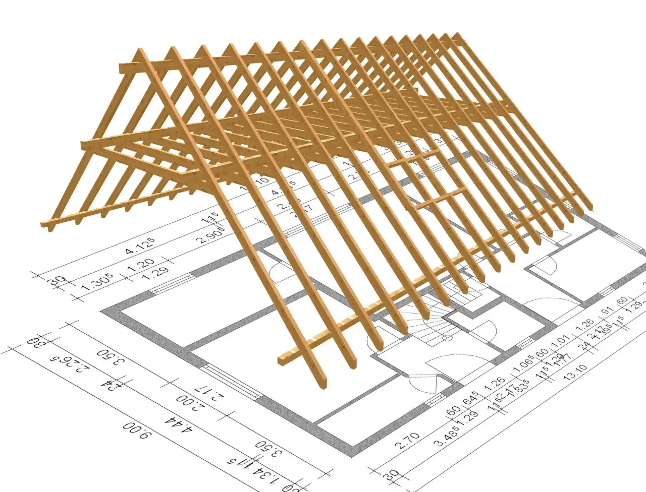 Holzkonstruktion f&uuml;r einen Dachstuhl, die auf einem Bauplan mit Ma&szlig;en und Details des Sprengwerks gezeigt wird.