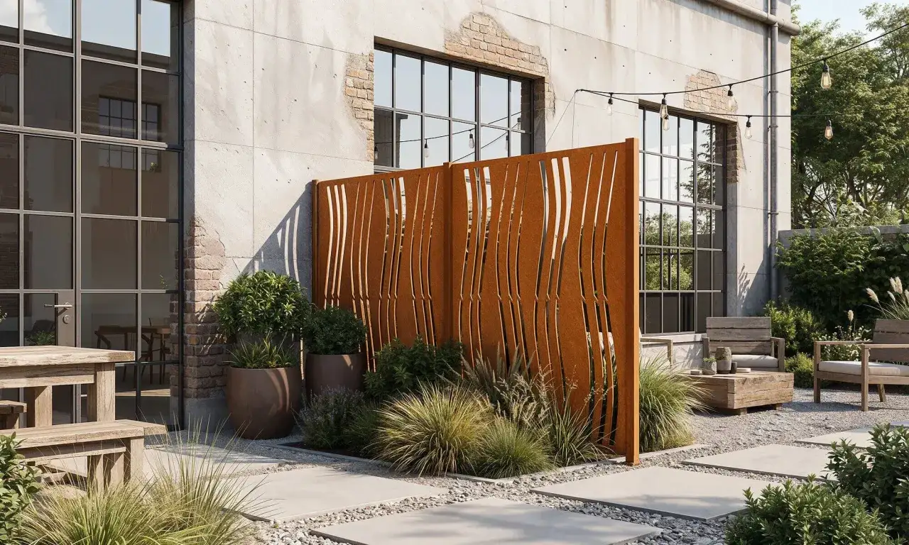 Rostfarbene Sichtschutzwand mit Wellenmuster, Pflanzen und Sitzmöbeln – dachterrasse inspiration für ein modernes Ambiente.