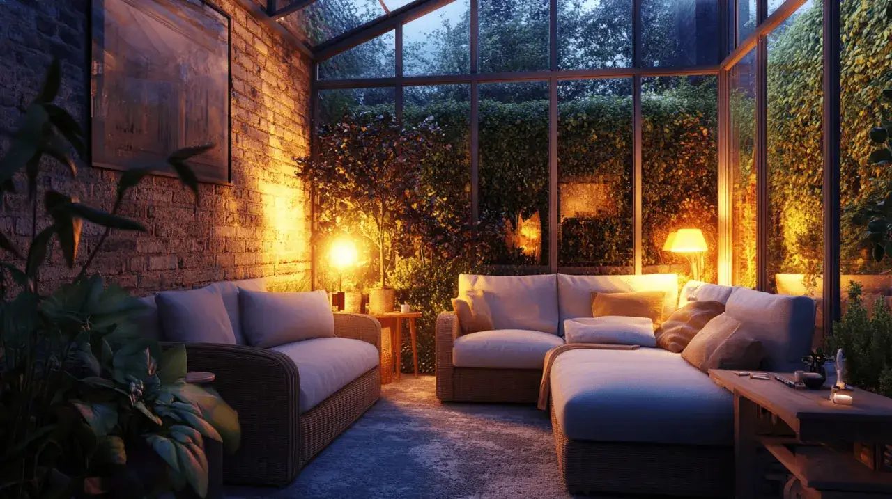 Gemütlicher Wintergarten mit Sofas, Pflanzen und warmem Licht. Perfekt, um den Abend zu genießen. Einladend, um den Wintergarten einzurichten.