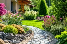 Ein geschwungener Steinweg führt durch einen blühenden Garten. Perfekt, um Ideen für das **Garten umgestalten** zu sammeln.
