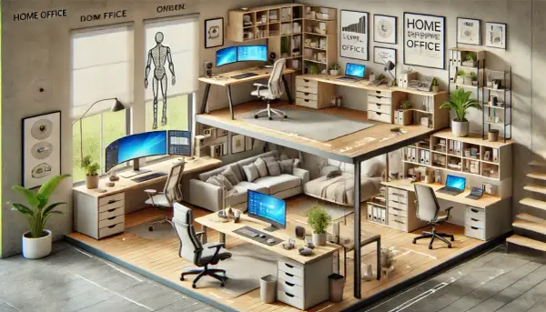 Ein modernes, zweistöckiges Homeoffice einrichten mit mehreren Arbeitsplätzen, gemütlicher Sitzecke und viel Stauraum.