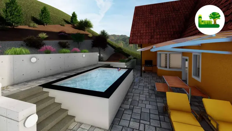 Moderne Pool am Hang Ideen: Rechteckiger Pool mit Sonnendeck, Grill und Liegestühlen vor einem Haus mit Ziegeldach.