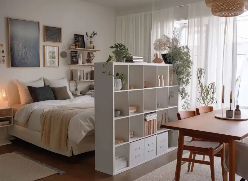 Gemütliche 1 Zimmer Wohnung einrichten 30qm: Bett, Regal als Raumteiler, Esstisch mit Stühlen und Pflanzen.