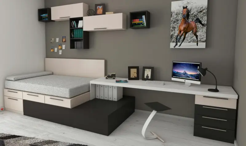 Modernes studentenzimmer einrichten: Bett mit Stauraum, Schreibtisch mit Computer und ein Bild eines galoppierenden Pferdes.