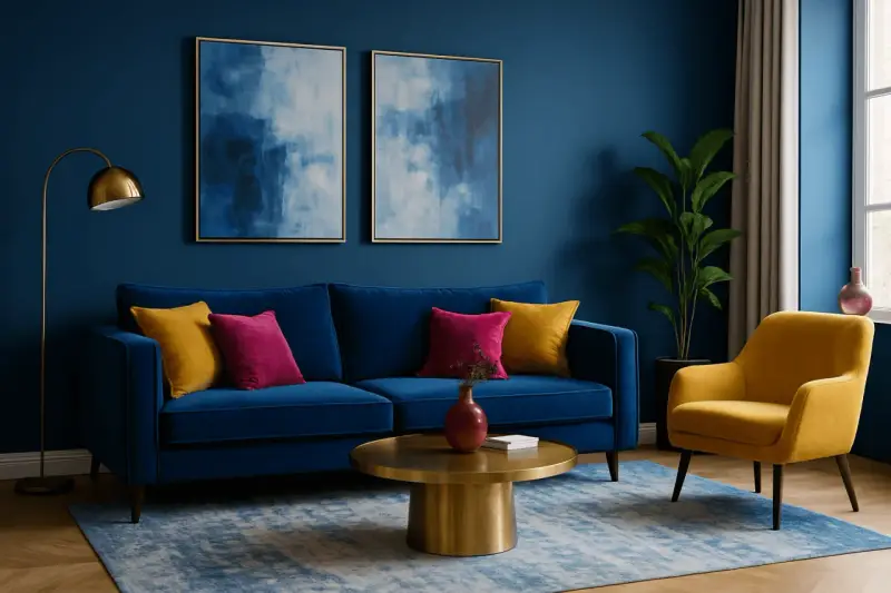 Ein Wohnzimmer mit dunkelblauen Wänden. Ein blauer Samtsofa mit gelben und pinken Kissen. Ein gelber Sessel. Welche Farbe passt zu dunkelblau? Gelb und Pink!